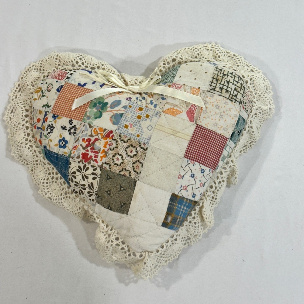 Vintage Handmade Patchwork Heart Pillow 10x10 Lace Trim Cottagecore